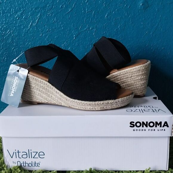 Sonoma Chorale Vitalize By Ortholite Black Espadrille Wedge Sandal 6.5 New/Box - Picture 2 of 6